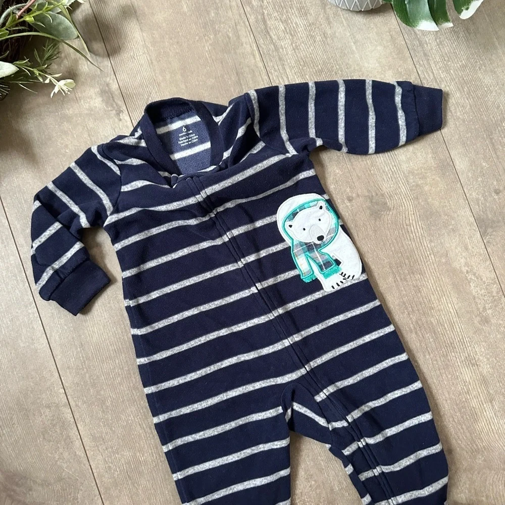 Carter’s Baby Boy Polar Bear Striped Fleece Zip Footies Sleeper Sleep Play 6 Mo